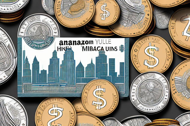 An amazon package surrounded by dollar bills and coins