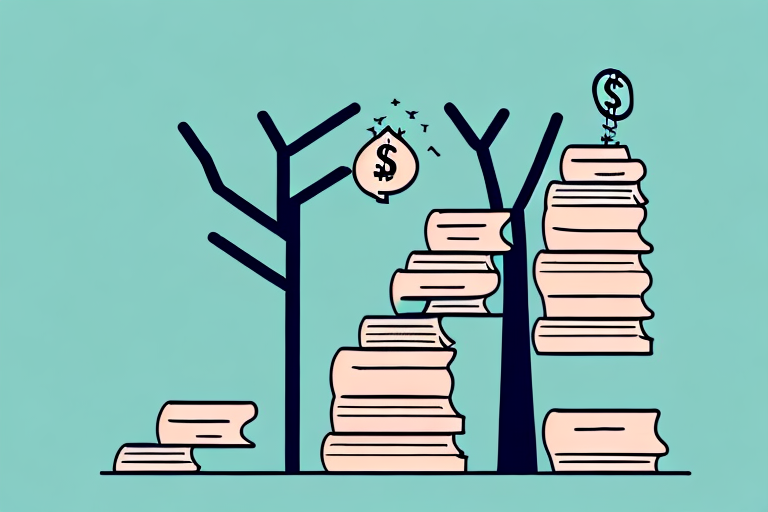 A stack of books next to a growing money tree