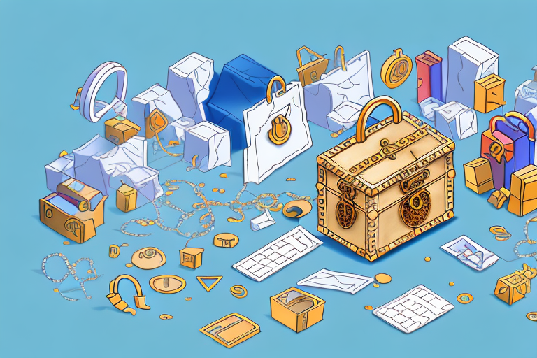 A secured and locked treasure chest overflowing with symbolic items like a mouse cursor