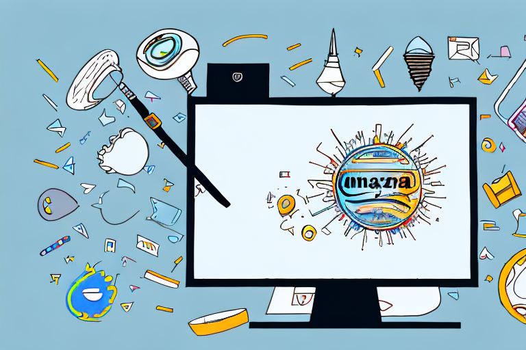 A computer screen showing an engaging amazon product listing surrounded by various creative elements like a light bulb (symbolizing ideas)