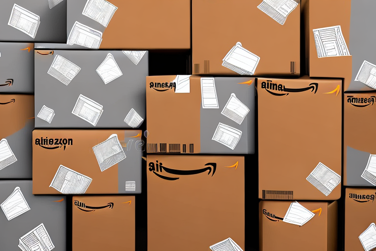 A pile of unopened amazon boxes in a warehouse setting