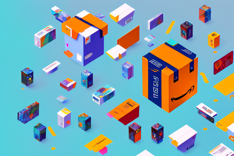 A variety of colorful booster boxes stacked on a stylized amazon-themed delivery drone