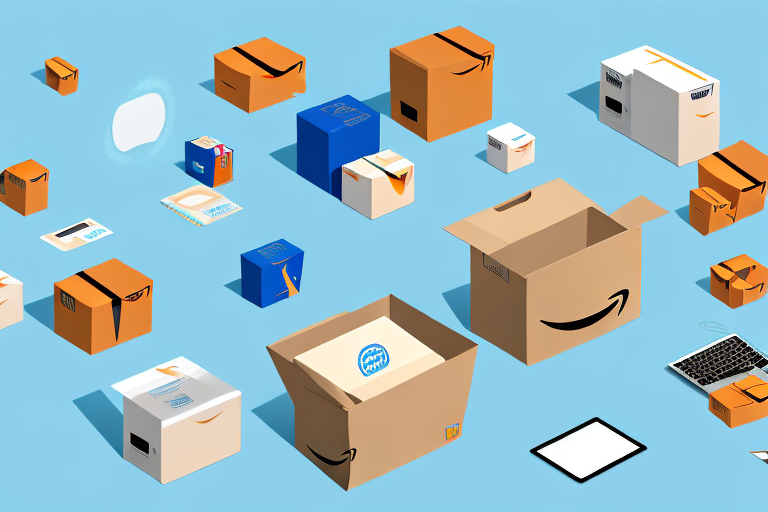 A collection of various sized boxes with amazon's signature smile arrow on them