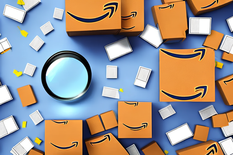 A stack of unopened amazon boxes with a magnifying glass hovering over them