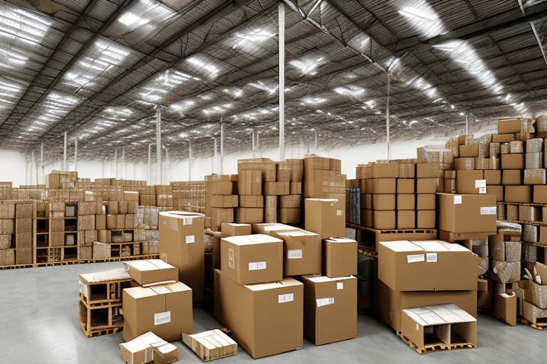 A warehouse full of stacked cardboard boxes