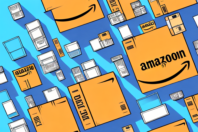 A stack of various products in front of a giant amazon box