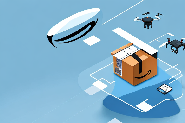 A simplified amazon package being delivered by a futuristic drone against the backdrop of a streamlined