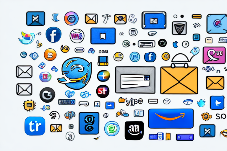 A computer screen displaying various amazon products surrounded by symbols of digital marketing tools like social media icons