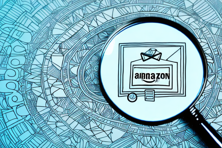 A magnifying glass hovering over a stylized representation of amazon's website