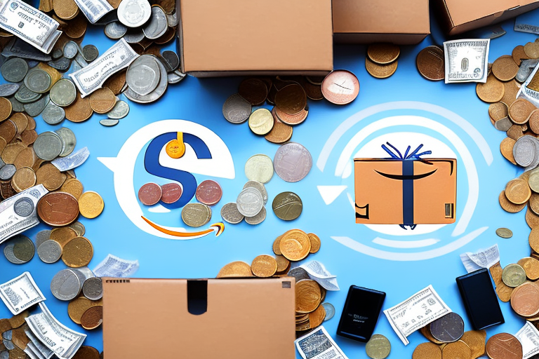 An amazon delivery box surrounded by various currency symbols