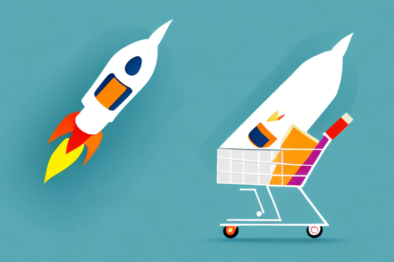 A rocket taking off from a shopping cart filled with various products