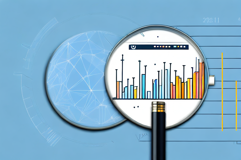 A magnifying glass hovering over a computer screen displaying a bar chart