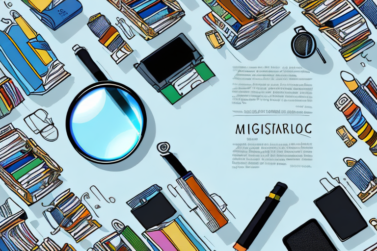 A magnifying glass hovering over a diverse array of products such as books