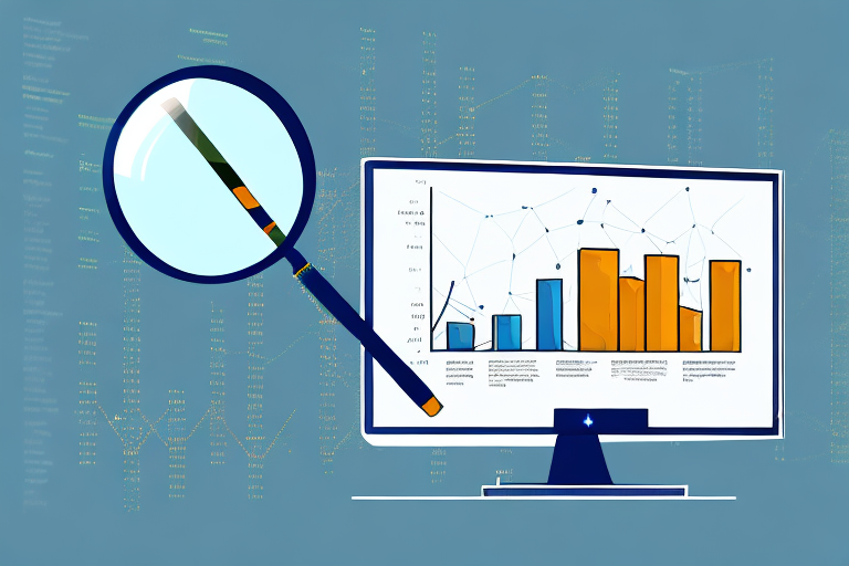 A magnifying glass hovering over a bar chart representing sales volume