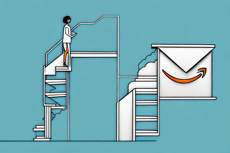 An amazon product box ascending a staircase