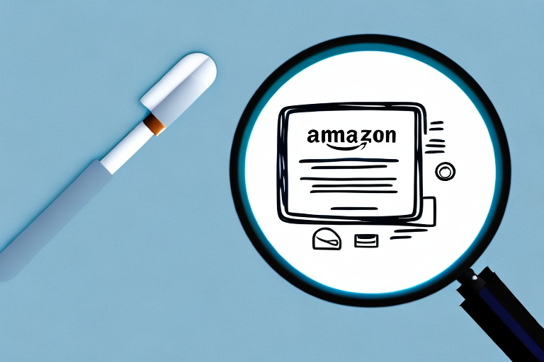 A magnifying glass focusing on a product on a digital tablet screen that represents the first page of amazon's product listings