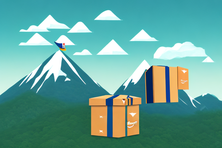 A product ascending a mountain made of amazon delivery boxes