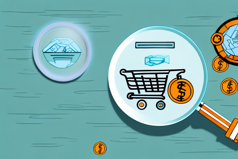 A magnifying glass hovering over a stylized amazon river flowing with various ecommerce symbols