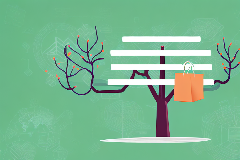 A robust tree with branches bearing various e-commerce symbols like shopping carts