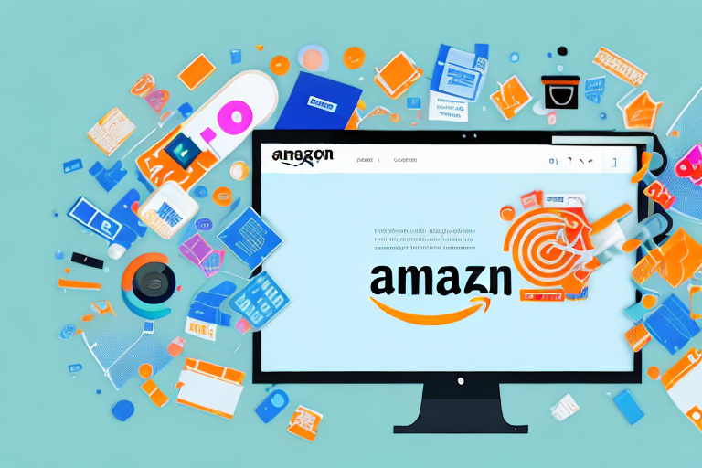 A vibrant amazon store on a computer screen surrounded by various marketing tools like a megaphone