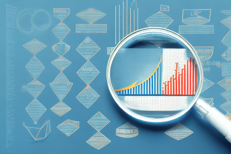 A magnifying glass focusing on a bar chart representing amazon sales ranks