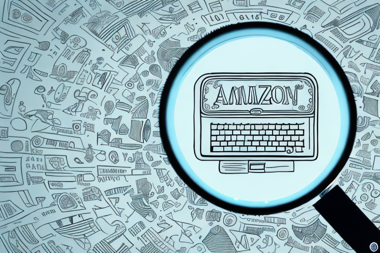 A magnifying glass hovering over a stylized amazon marketplace filled with various products