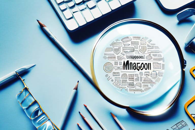 A magnifying glass hovering over a stylized amazon product page