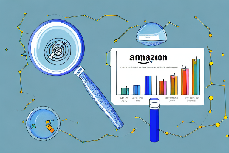 A magnifying glass hovering over a bar graph representing amazon sales rank