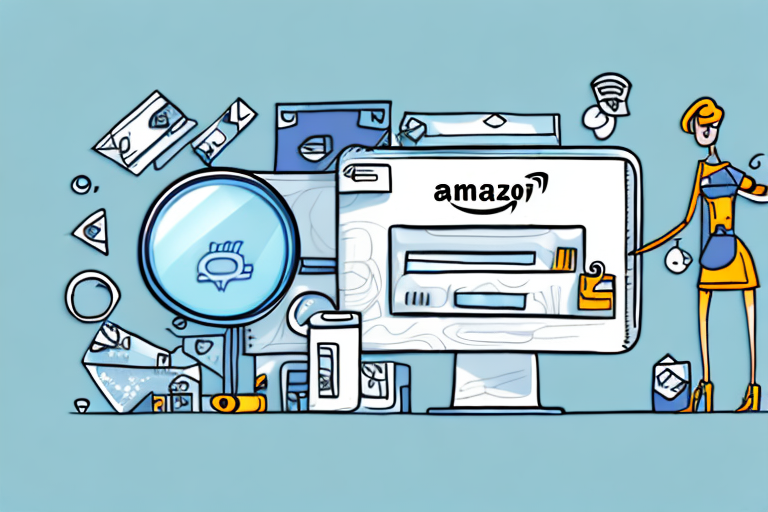 A magnifying glass hovering over a stylized amazon-style shopping cart filled with various products