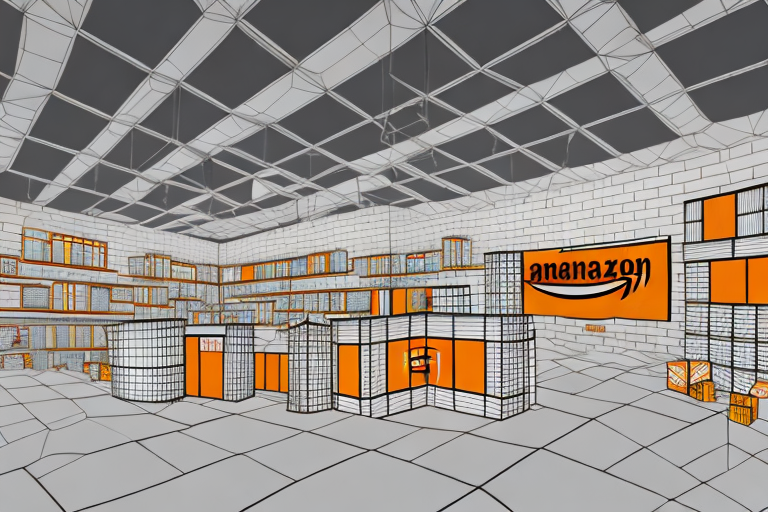 A 3d model of a store with amazon-branded packages inside