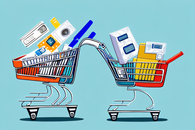 A shopping cart filled with various generic products next to a stylized amazon box