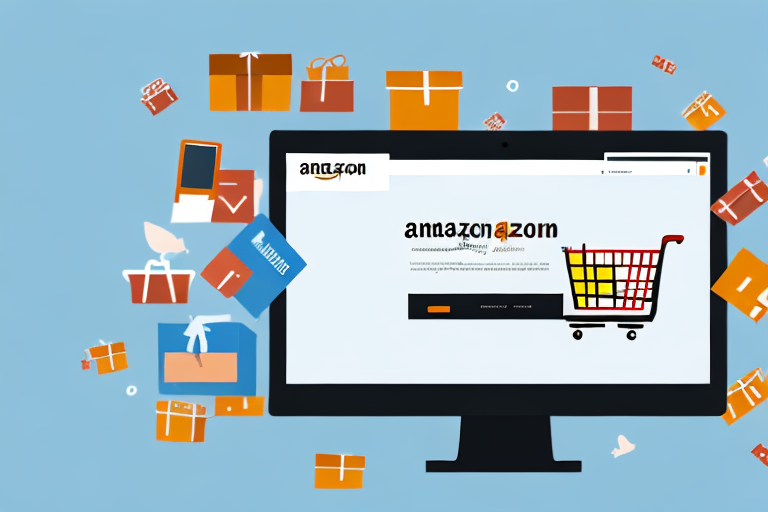 A computer screen displaying the amazon website with an icon of a shopping cart and a plus sign