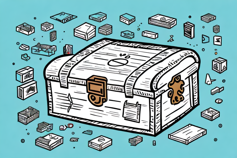 A treasure chest overflowing with various types of popular products (like electronics