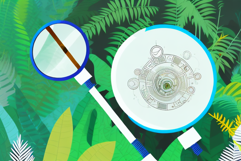 A magnifying glass hovering over a stylized amazon rainforest scene