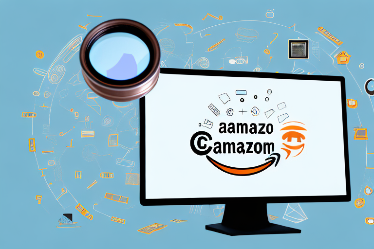 A magnifying glass hovering over a computer screen displaying a variety of amazon products