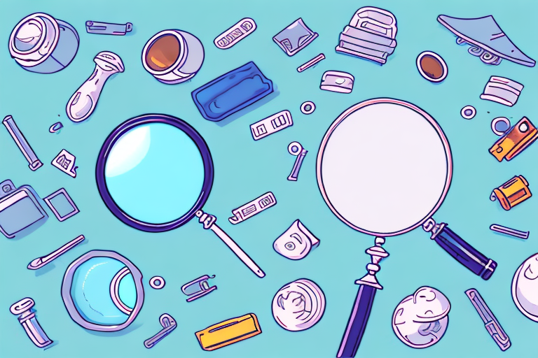 A magnifying glass hovering over a variety of generic products