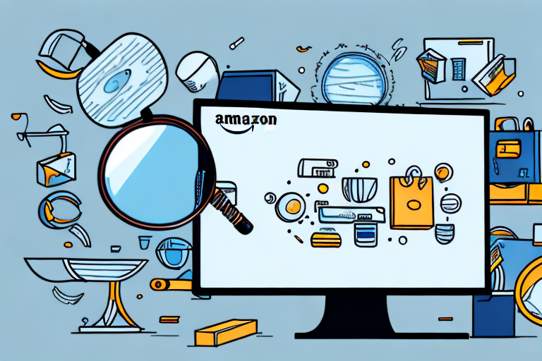 A magnifying glass hovering over a computer screen displaying various amazon products