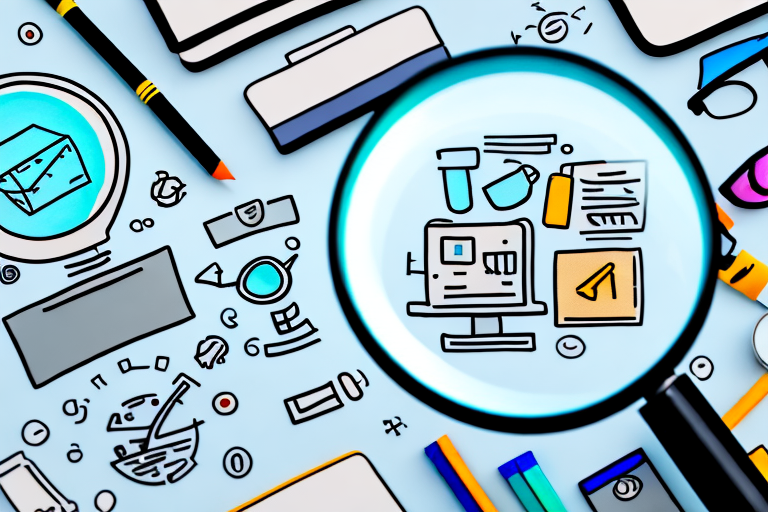 A magnifying glass hovering over a computer screen displaying a variety of different products