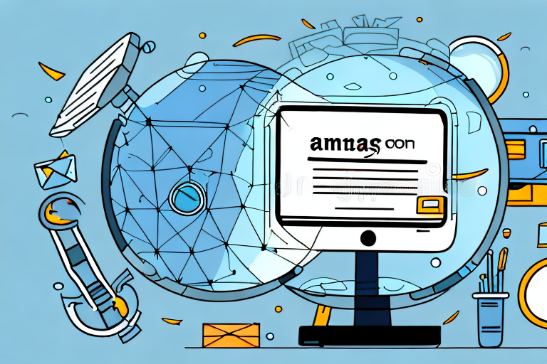 A magnifying glass hovering over a computer screen displaying various amazon products