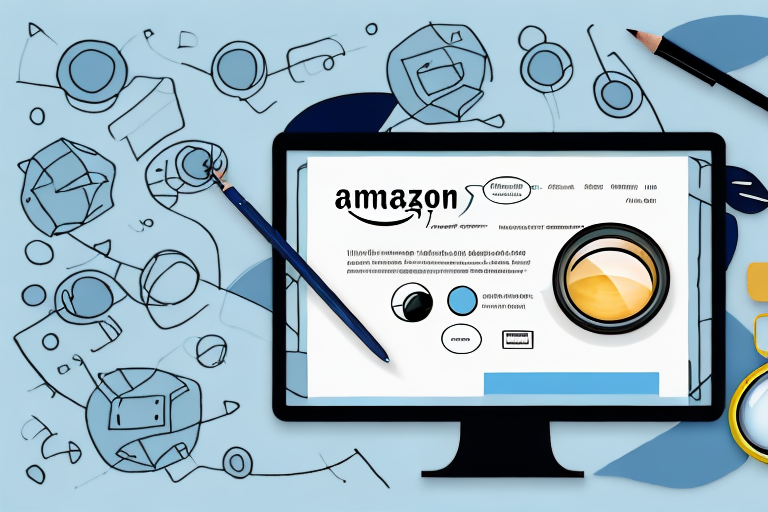 A computer screen displaying an amazon product page with a magnifying glass hovering over the review section