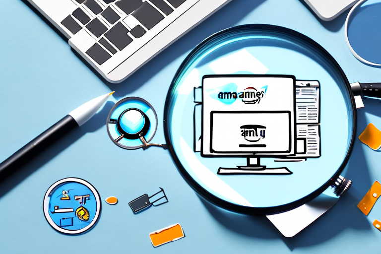 A magnifying glass hovering over a computer screen displaying various amazon products