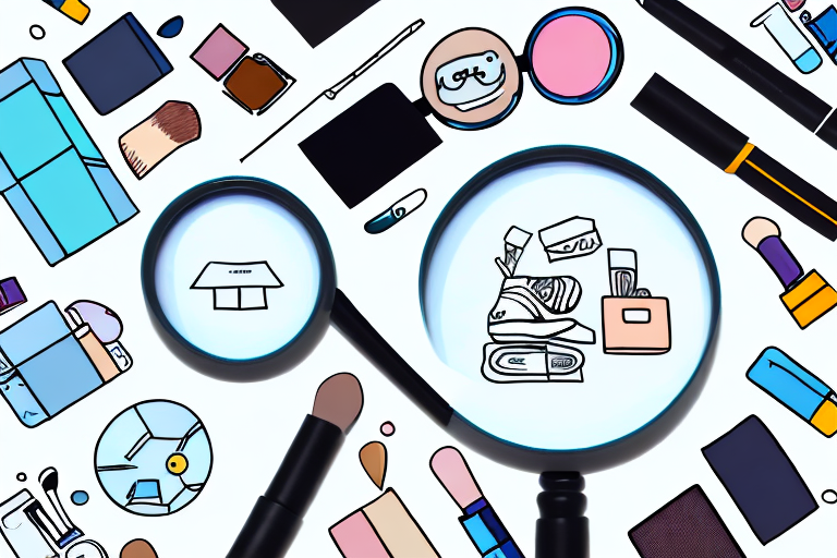 A magnifying glass hovering over a diverse array of different product icons (like a book