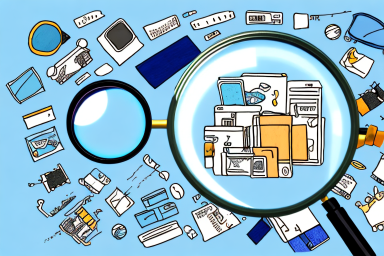 A magnifying glass hovering over a computer screen displaying an array of different products