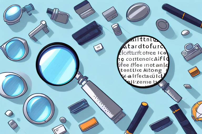 A magnifying glass hovering over a variety of generic product shapes