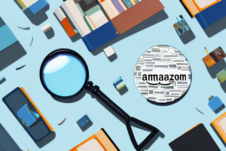 A magnifying glass hovering over a variety of different products like books