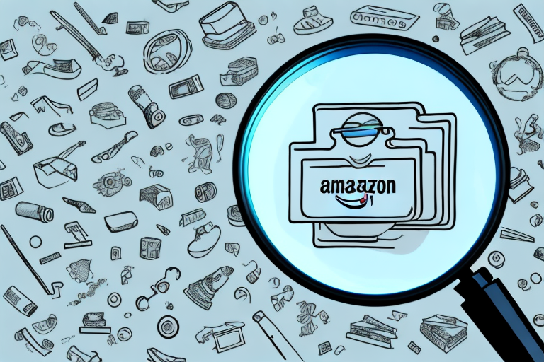 A magnifying glass hovering over a variety of generic product icons (like a book