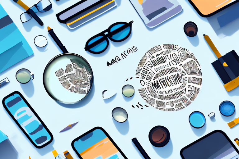 A magnifying glass hovering over a variety of different products on an amazon-like website layout