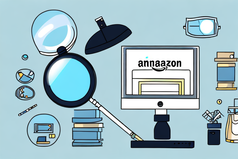 A magnifying glass hovering over a computer screen displaying various products