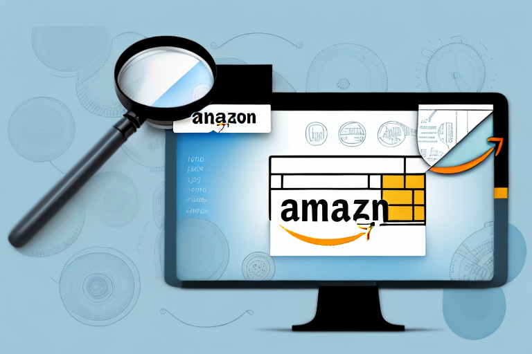 A computer screen displaying an amazon product page with a magnifying glass highlighting the sku number area