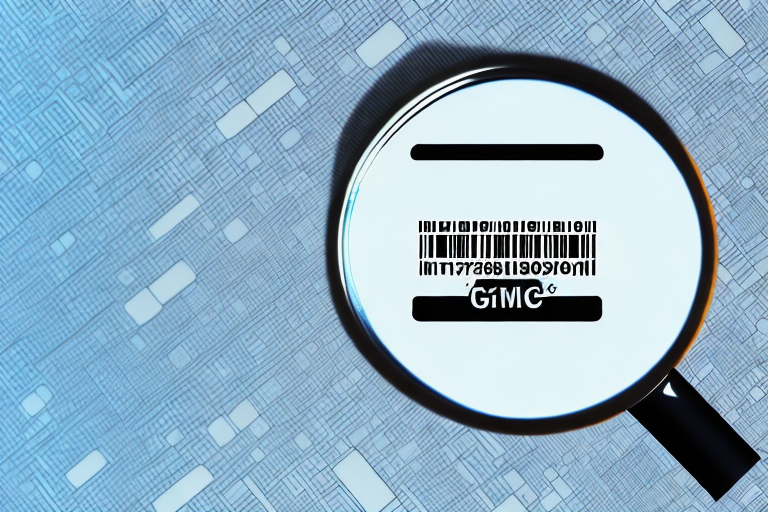 A magnifying glass hovering over a digital tablet displaying a barcode